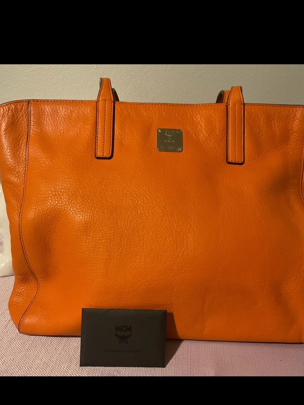 MCM Orange Leather Tote with Gold Logo Plaque